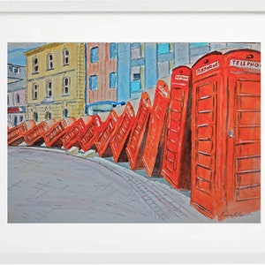 May include: A watercolour painting of a row of red British telephone boxes, falling like dominoes, in front of a city street scene.