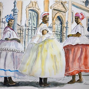 May include: Three women wearing colourful head coverings and traditional white dresses stand in front of a building. The women are smiling and appear to be in a celebratory mood. The building has a white facade and a brown door. The painting is done in watercolour.