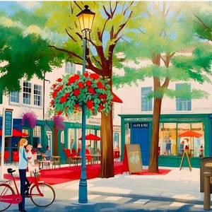 May include: A colourful painting of a street scene with a red telephone box, a cafe, and a bicycle. The cafe has red umbrellas and a sign that says "The Pantry". There are trees with red flowers and a street lamp.