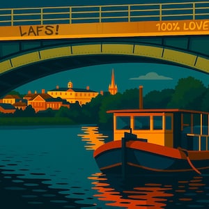 May include: A digital illustration of a boat on a river beneath a bridge. The bridge is inscribed with "LAFS!" and "100% LOVE". The boat is orange and blue, with reflections of the buildings in the water.