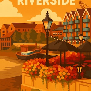 May include: A retro travel poster for Old Isleworth Riverside, featuring a stylized illustration in warm orange and brown tones. The image shows a riverside scene with buildings, boats, street lamps, and vibrant floral displays, with the text "OLD ISLEWORTH RIVERSIDE".