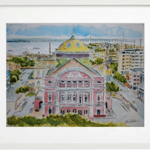 May include: A watercolour painting of a pink and white building with a green and yellow dome. The building is surrounded by trees and a bridge can be seen in the background.