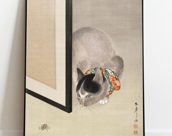 Cat Watching a Spider Print by Oide Tōkō, Vintage Japanese Illustration, 19th Century Animal Art