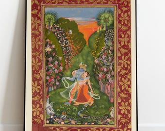 Radha and Krishna Miniature Print by The Kota Master, Flowering Grove, Vintage Indian Devotional Art