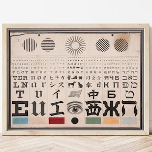 Może przedstawiać: Oprawiony, zabytkowy wykres okulistyczny z symbolami, literami i cyframi w wielu językach. Wykres ma beżowe tło i drewnianą ramę. Zawiera różnorodne kształty i symbole, zaprojektowane do badania wzroku.