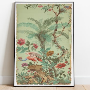May include: Framed botanical print featuring a detailed illustration of a tropical scene. The artwork showcases a palm tree, birds, and vibrant flowers in shades of red, pink, and yellow against a light green background. The print is framed in a black border.