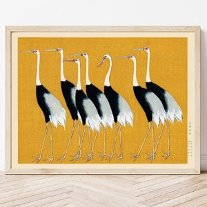 Vintage Japanese Crane Art Print: Ogata Korin Woodblock, Mustard Yellow
