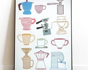 May include: A framed print featuring colorful line drawings of various coffee-making equipment, including a blue stovetop espresso maker, a pink mug, a coffee grinder, and a coffee maker. The artwork is displayed on a white wall above a wooden floor.
