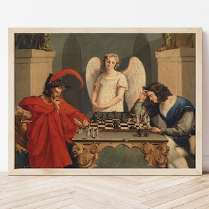 May include: Framed print of a vintage painting depicting a chess game. Two figures in period clothing are seated at a table, with an angel standing between them. The artwork features rich colors and intricate details, creating a classical aesthetic.