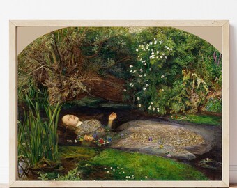 May include: A painting of a woman lying in a stream, surrounded by lush greenery and white flowers. The woman is wearing a white dress and has long, dark hair. The painting is set in a forest and has a romantic and melancholic feel.