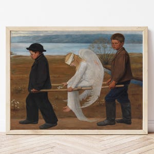 May include: A framed painting depicts two boys carrying an angel on a stretcher. The angel is wearing a blindfold and white robes. The boys are dressed in dark clothing and are walking through a field with a lake in the background.