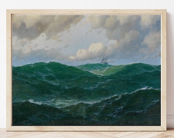 Vintage Seascape Print: Ship on rough waters - Max Jensen Ocean Oil Painting, Nautical Decor