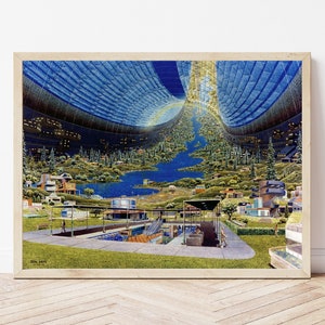 May include: A framed print depicting a futuristic, cylindrical space colony with a central river and lush vegetation. The artwork features a blue sky, buildings, and a sense of advanced technology.