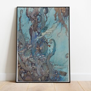May include: A vintage illustration of a mermaid swimming in a blue and green underwater scene. The mermaid is surrounded by seaweed and other aquatic plants. The illustration is done in a watercolor style.