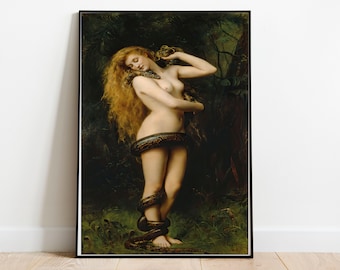 May include: A painting of a woman with long red hair, standing in a forest, wrapped around by a snake. The woman is nude and has a serene expression on her face.
