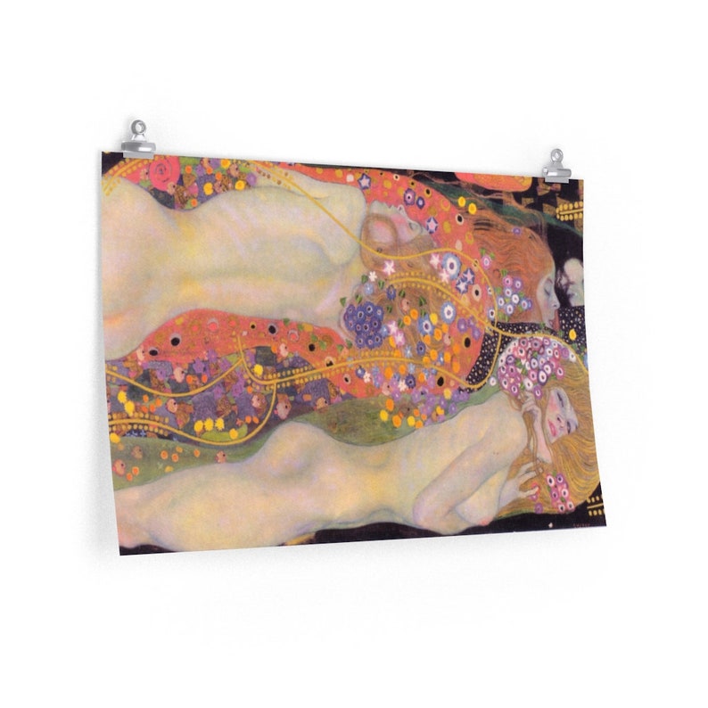 May include: A painting of three women with flowing hair and nude bodies, lying on a bed of flowers and gold. The women are surrounded by a vibrant floral pattern, with shades of pink, purple, yellow, and green.