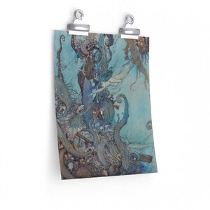 May include: A watercolor painting of a mermaid swimming through a blue and green underwater scene. The mermaid is surrounded by seaweed, coral, and other sea creatures. The painting is full of detail and color, and it is a beautiful example of underwater art.