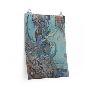 May include: A watercolor painting of a mermaid swimming in a blue and green ocean. The mermaid is surrounded by seaweed and other sea creatures. The painting is done in a whimsical style and has a dreamy feel.