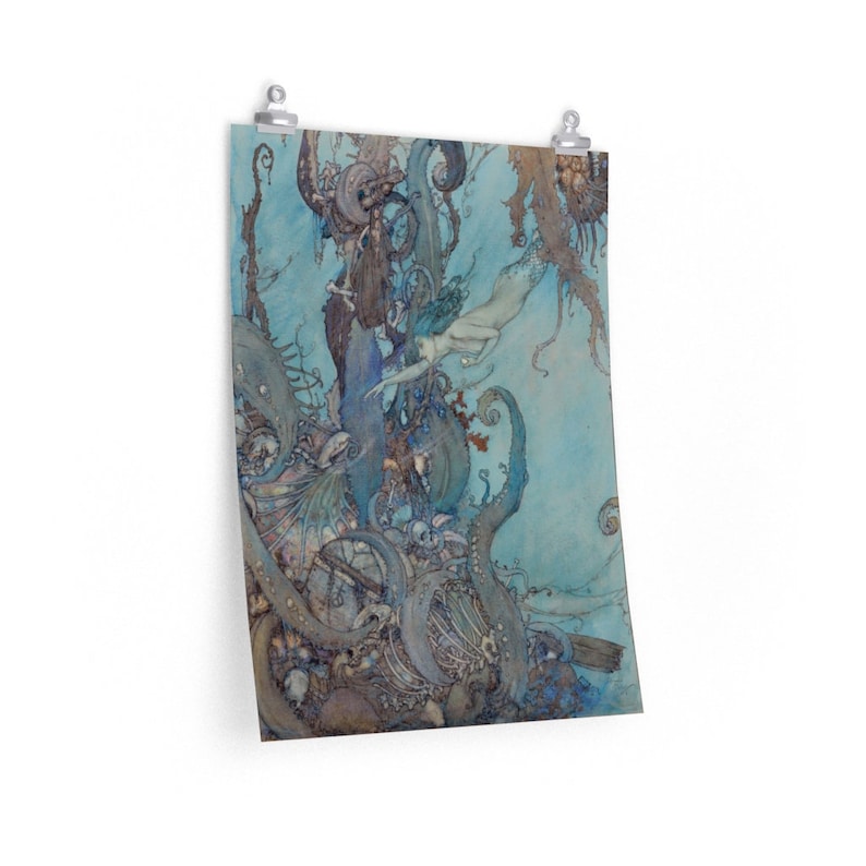 May include: A watercolor painting of a mermaid swimming in a blue and green ocean. The mermaid is surrounded by seaweed and other sea creatures. The painting is done in a whimsical style and has a dreamy feel.