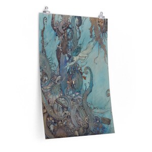 May include: A watercolor painting of a mermaid swimming through a blue and gray underwater scene. The mermaid is surrounded by seaweed and other aquatic plants. The painting has a whimsical and ethereal feel.