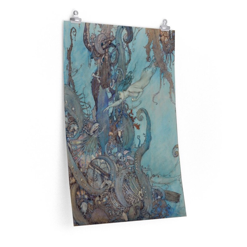 May include: A watercolor painting of a mermaid swimming through a blue and gray underwater scene. The mermaid is surrounded by seaweed and other aquatic plants. The painting has a whimsical and ethereal feel.