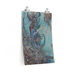 May include: A watercolor painting of a mermaid swimming through a blue and green underwater scene. The mermaid is surrounded by seaweed, coral, and other sea creatures. The painting is full of detail and color, and it captures the beauty of the underwater world.