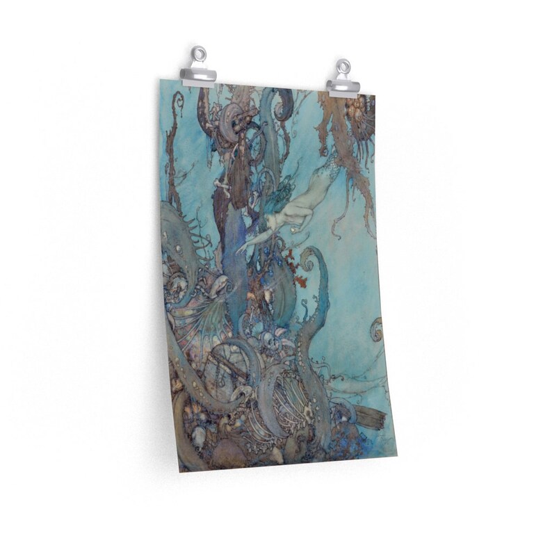 May include: A watercolor painting of a mermaid swimming through a blue and green underwater scene. The mermaid is surrounded by seaweed, coral, and other sea creatures. The painting is full of detail and color, and it captures the beauty of the underwater world.