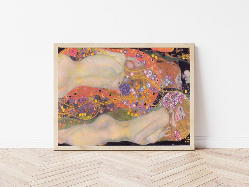 May include: A painting of three women with flowing hair and nude bodies, surrounded by colorful flowers and gold chains. The women are lying on a bed of flowers and appear to be asleep or dreaming.