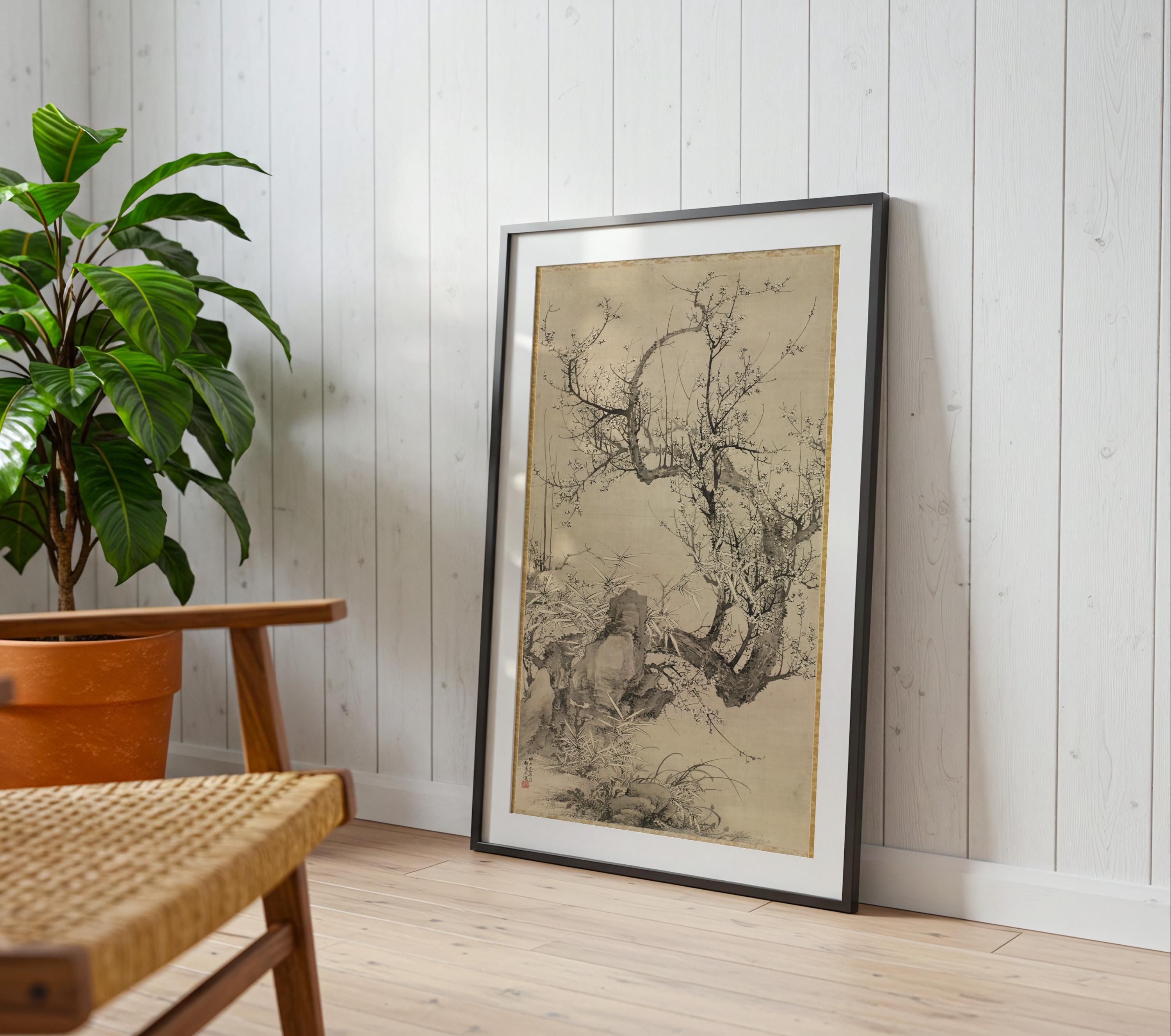 Plums, Bamboo, and Orchid by Yamamoto Baiitsu Woodblock Print