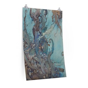 May include: A watercolor painting of a mermaid swimming through a blue and green underwater scene. The mermaid is surrounded by seaweed, coral, and other sea life. The painting is full of detail and color, and it is a beautiful example of underwater art.