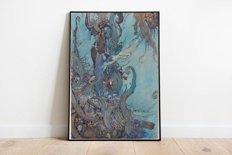 May include: A vintage illustration of a mermaid swimming in a blue and green underwater scene. The mermaid is surrounded by seaweed and other aquatic plants. The illustration is done in a watercolor style.