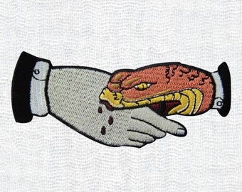 Trust No One Snake Bite Handshake Sign Iron On Patch | Premium classic vintage embroidered sew on badge jean jacket backpack bag hat snakes