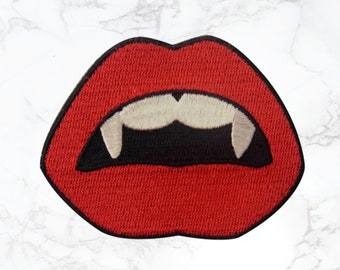 Vampire Red Lips Premium Iron On Patch | Classic vintage embroidered sew on badge jean jacket backpack girl punk lipstick teeth cool patches