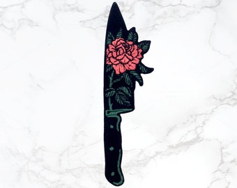 Flower Dagger Iron on Patch—Premium classic vintage embroidered sew on badge jean jacket backpack bag hat knife stab punk DIY hipster craft