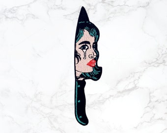 Crying Woman Dagger Knife Iron On Patch | Vintage embroidered sew on badge jean jacket backpack bag hat cartoon punk hipster pinup tattoo