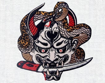 Japanese Hannya Oni Mask Iron On Patch | Premium embroidered sew on badge jean jacket backpack bag vintage scary Japanese devil horns demon