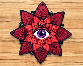 Aztec Flower Eye Iron on Patch | Premium embroidered sew on patch for jean jacket backpack bag hat crafts badge all seeing eye plant vintage