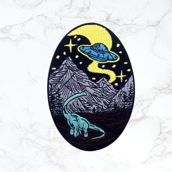 Dinosaur + Alien Premium Iron On Patch | Classic embroidered sew on badge jean jacket backpack bag escape alien flying saucer dino mountains