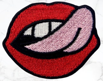 Lady's Red Lips Premium Iron On Patch | Classic vintage embroidered sew on badge jean jacket backpack girl punk lipstick tongue cool patches