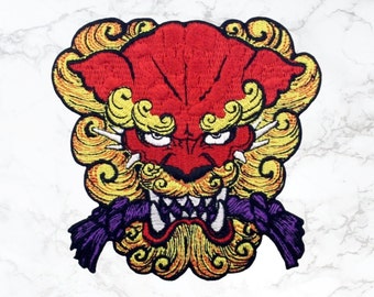 Traditional Chinese Guardian Lion - Fire Red Fudog Iron On Patch - Embroidered sew on badge jean jacket backpack bag komainu shishi mythical