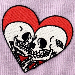 The Kiss of Death | Premium iron on skeleton heart patch | Sew on embroidered badge jean denim jacket bag backpack love skulls dead alive