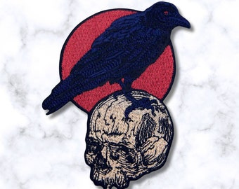 Raven Bird on Skull | Iron On Patch | Premium vintage embroidered sew on badge trucker hat jean jacket backpack bag animal red sun crow
