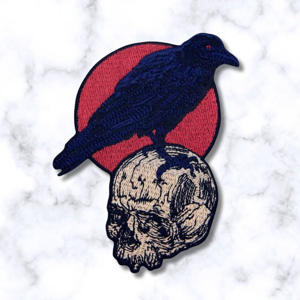 Raven Bird on Skull | Iron On Patch | Premium vintage embroidered sew on badge trucker hat jean jacket backpack bag animal red sun crow