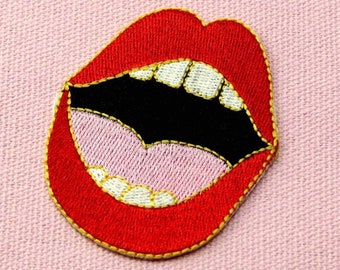 Woman's Red Lips Mouth Iron On Patch | Classic vintage embroidered sew on badge jean jacket backpack girl punk lipstick tongue cool talking