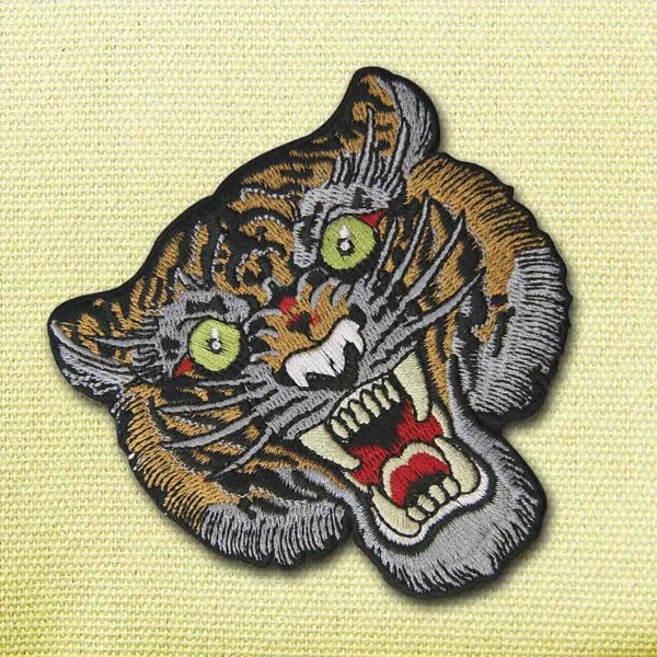 Roaring Tiger Head Iron On Patch | Classic vintage embroidered sew on badge jean jacket backpack bag denim animal outdoors big cat lion cat