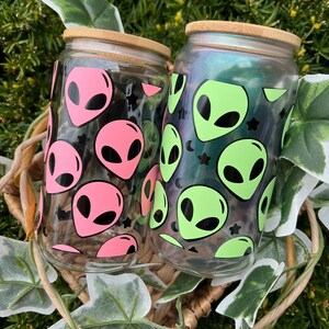 Aliens Glass Can| Glow in  the dark| Outer space | Alien| Galaxy | Libbey Can | Pink Alien| Custom-made| Handmade