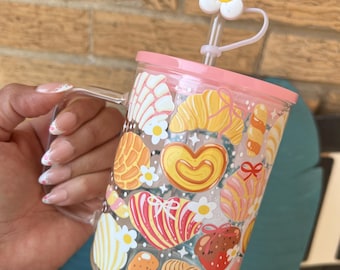 Mexican Sweets Glass Mug: Coquette Bakery Cup with Lid & Straw