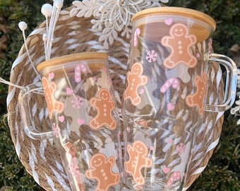 Gingerman Cookie Glass Tumbler (32 oz) | Christmas Cup with Lid & Straw