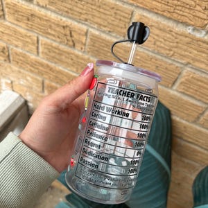 May include: A clear plastic reusable water bottle with a black lid and straw. The bottle has a nutrition facts label that reads "Teacher Facts" with a list of qualities and percentages, including "Hard Working 100%", "Caring 100%", "Caffeine 100%", "Patience 100%", "Regret 0%", "Dedication 100%", and "Passion 100%".