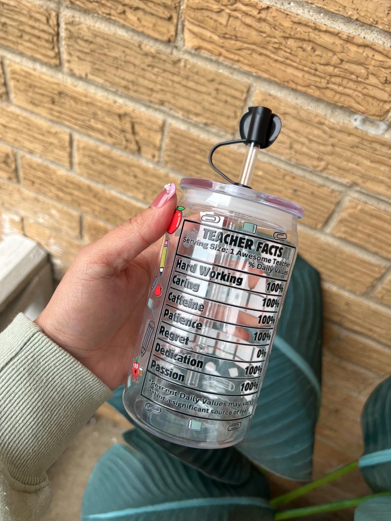 May include: A clear plastic reusable water bottle with a black lid and straw. The bottle has a nutrition facts label that reads "Teacher Facts" with a list of qualities and percentages, including "Hard Working 100%", "Caring 100%", "Caffeine 100%", "Patience 100%", "Regret 0%", "Dedication 100%", and "Passion 100%".